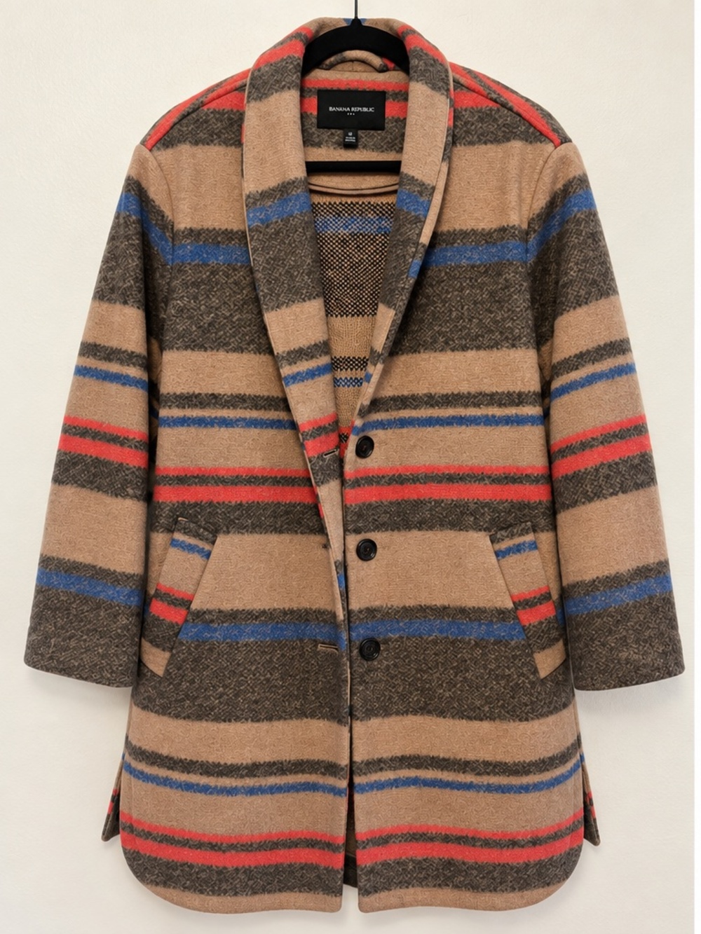 Banana Republic Striped Blanket Coat Camel Brown Blue Red Size M